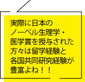 実際に日本のノーベル生理学・医学賞を授与された方々は留学経験と各国共同研究経験が豊富よね！！